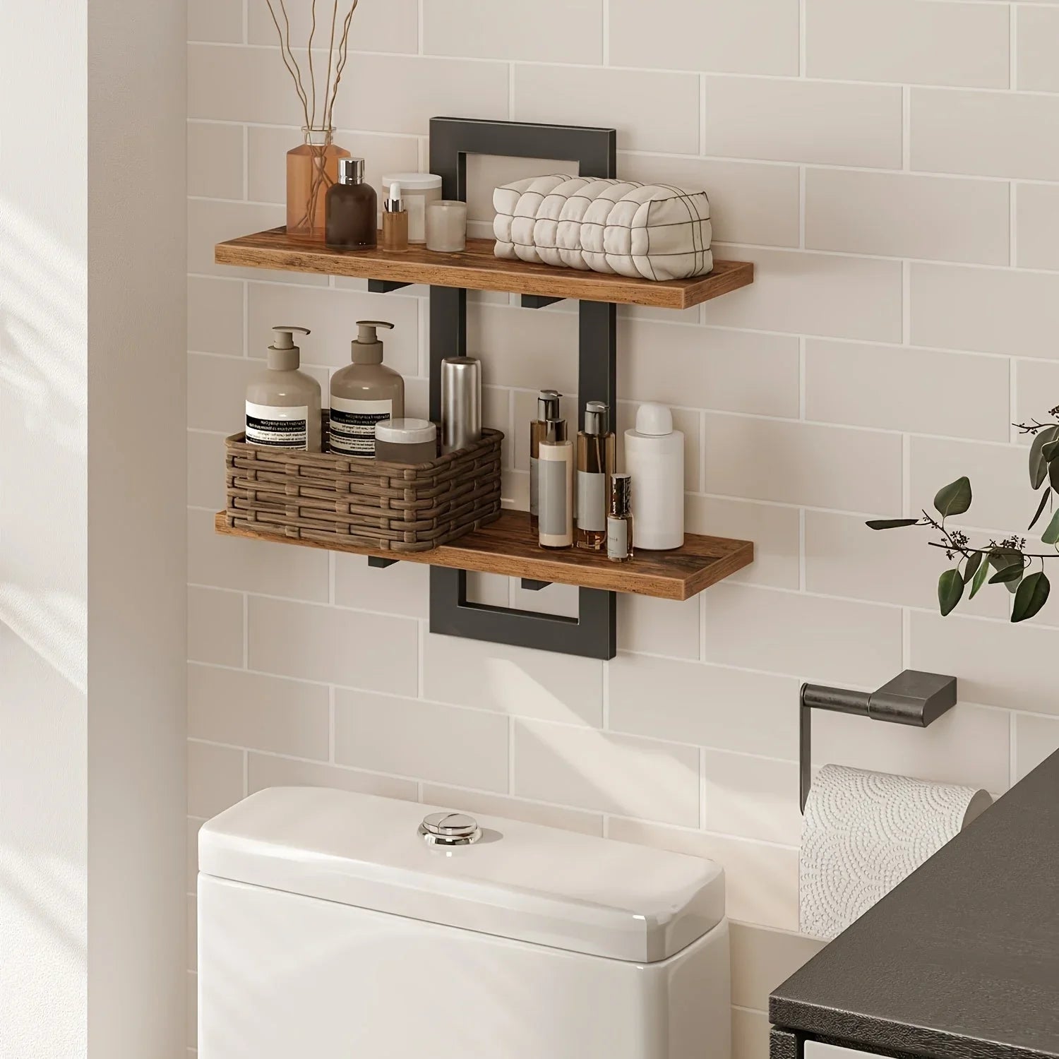 Rustic Style Floating Shelves Set of 2 - Manufactured Wood Wall Hanging Storage - 2-Tier Wall Mounted Shelves for Living Room, Bedroom, Bathroom, Kitchen - Unfinished Decorative Shelf without Electricity House Of Avana