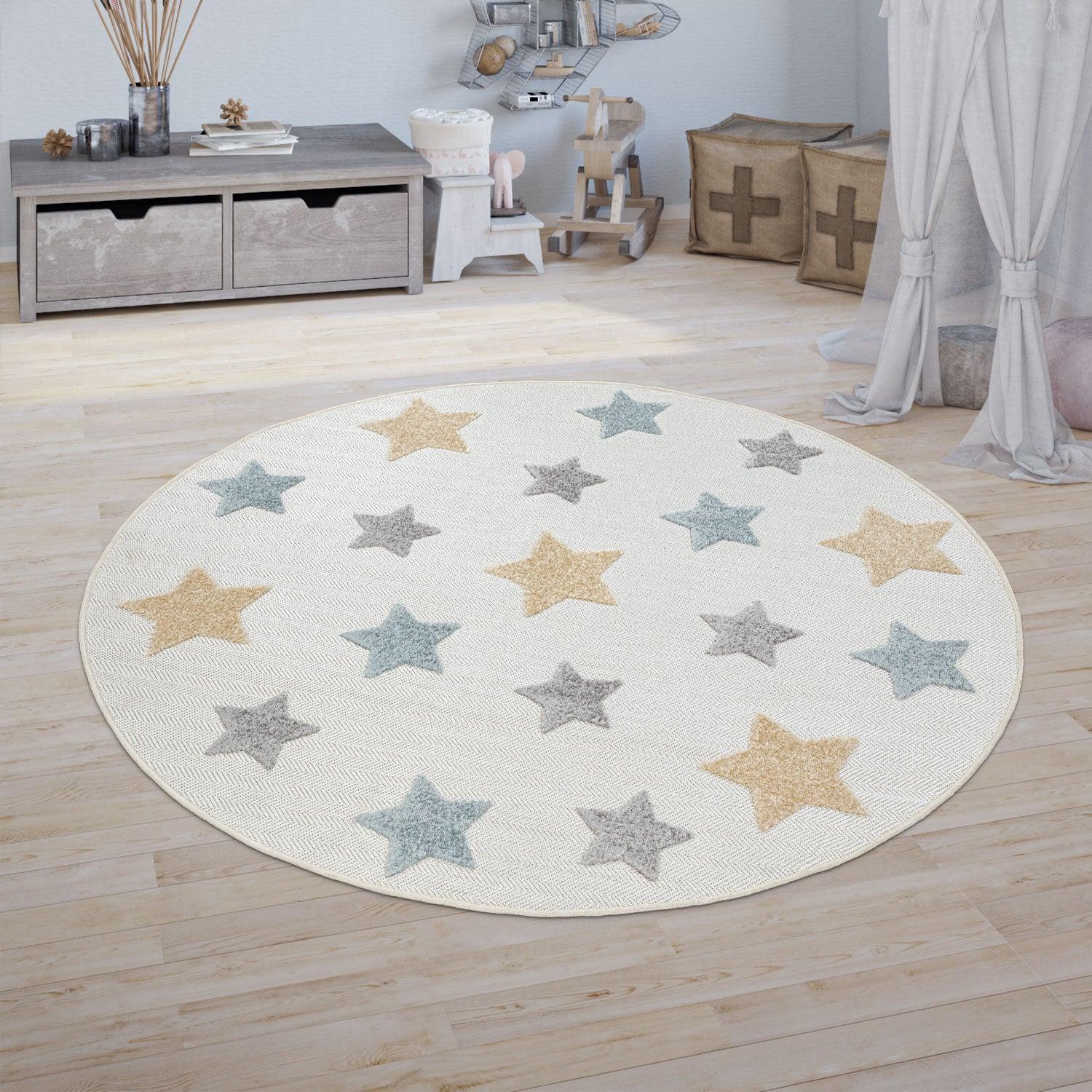 Stars Kids Rug Modern Low-Pile Play Mat Pastel Colored Stars in Cream RugYourHome