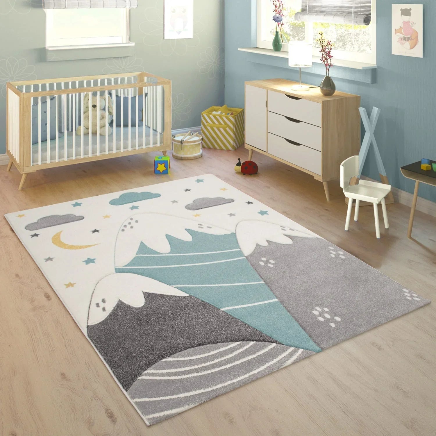 Kids Rug Cosmo for Nursery with Mountains in Pastel Blue White RugYourHome