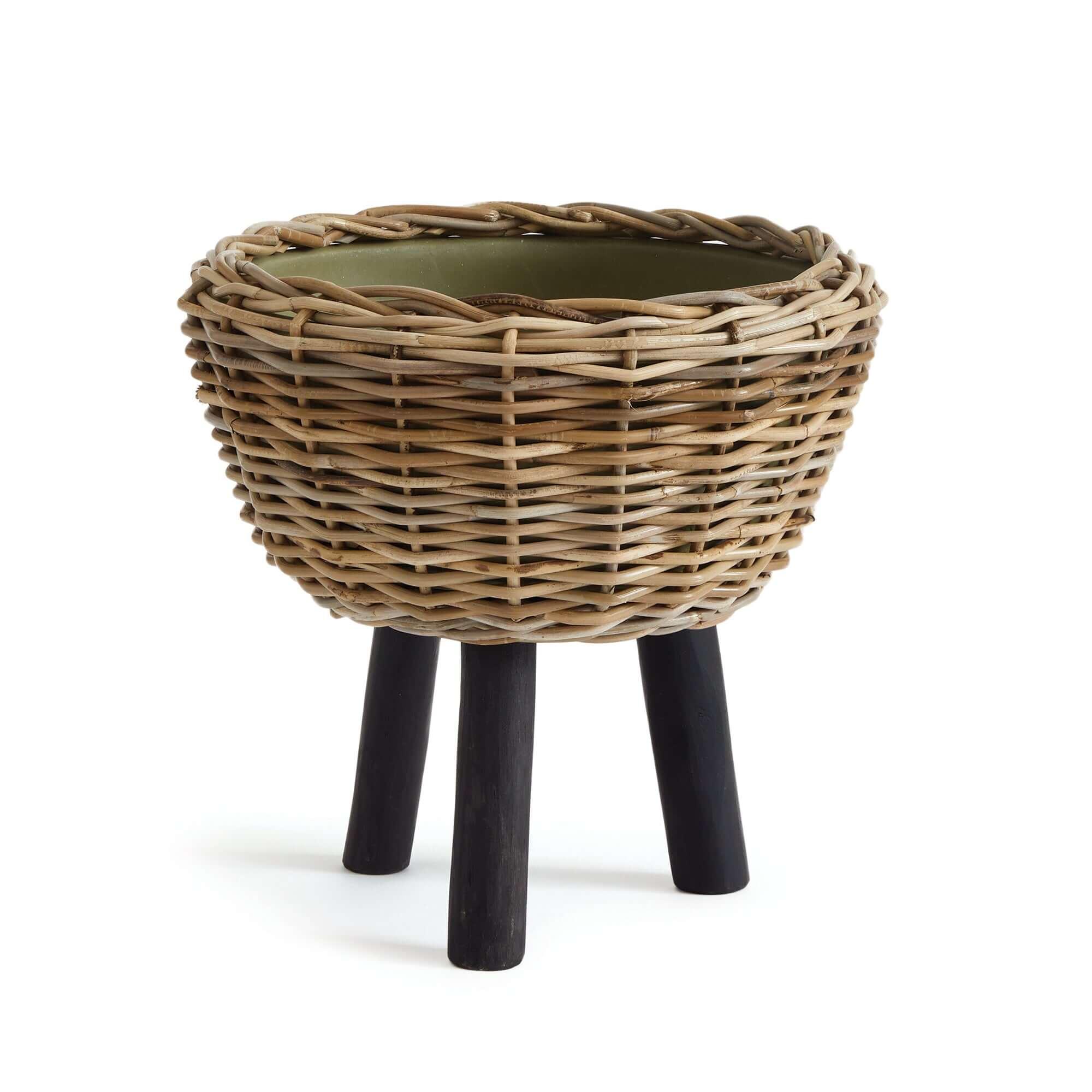 Woven Rattan Planter with Plastic Pot and Wood Legs Vintage Shopper