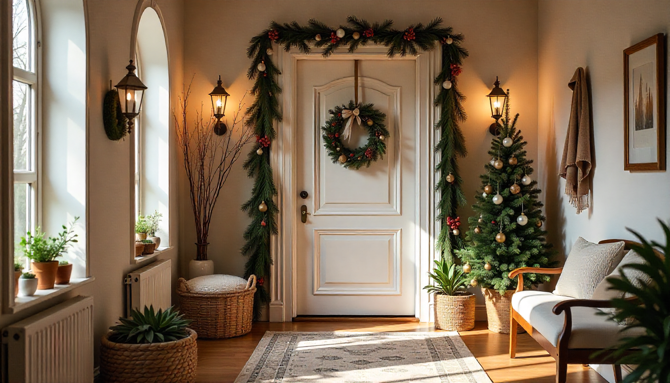 Warm and cozy Christmas entryway with a decorated front door, garland, wreath, potted plants, and a lit Christmas tree
