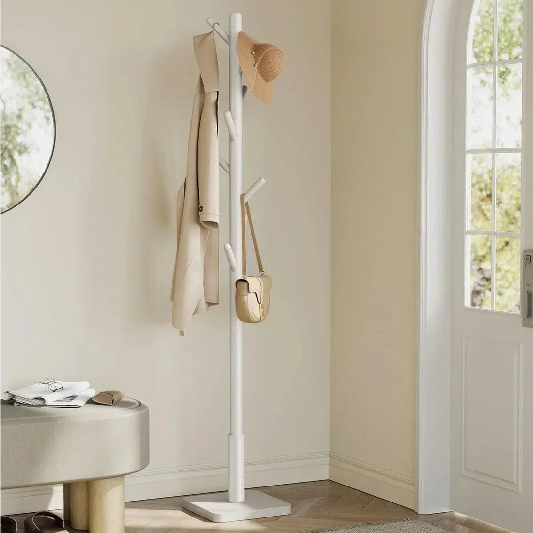 Solid wood coat rack hall tree in a small entryway
