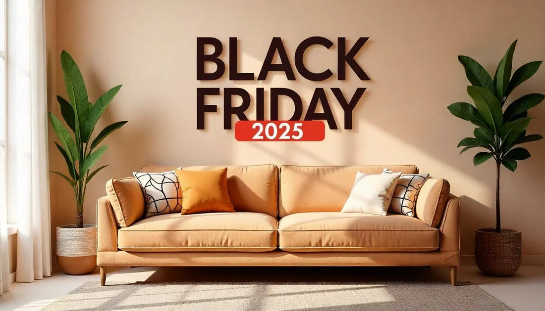 Modern living room with beige sofa, decorative pillows, green plants, and Black Friday 2025 wall text