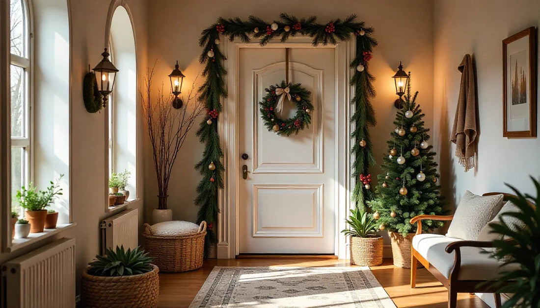 Cozy holiday entryway with white door, Christmas wreath, garland, decorated tree, woven baskets, and warm lighting