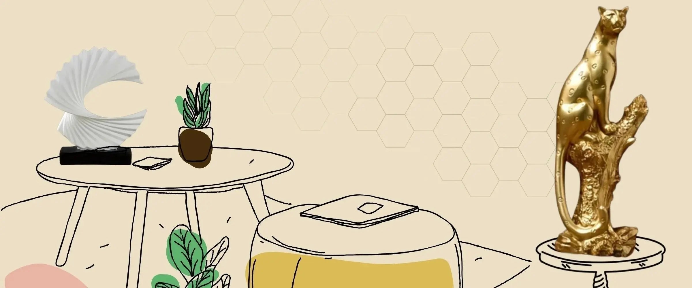 Illustrated home decor scene with modern white sculpture, green plant, yellow ottoman, and golden leopard statue