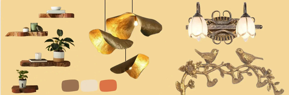 Modern wooden shelves with plants and books, floral gold pendant and wall lamps on beige wall