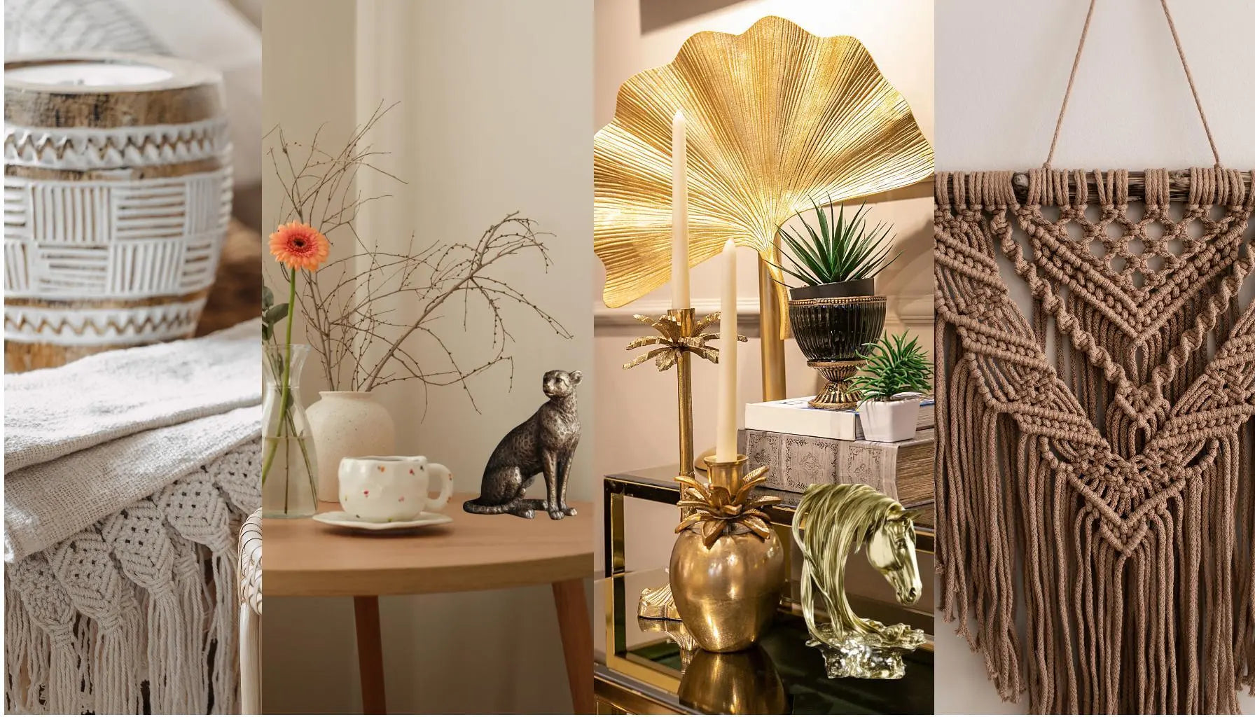 Boho and elegant interior decor featuring patterned textiles, dried flowers, gold candle holders, green plants, and macrame wall hanging
