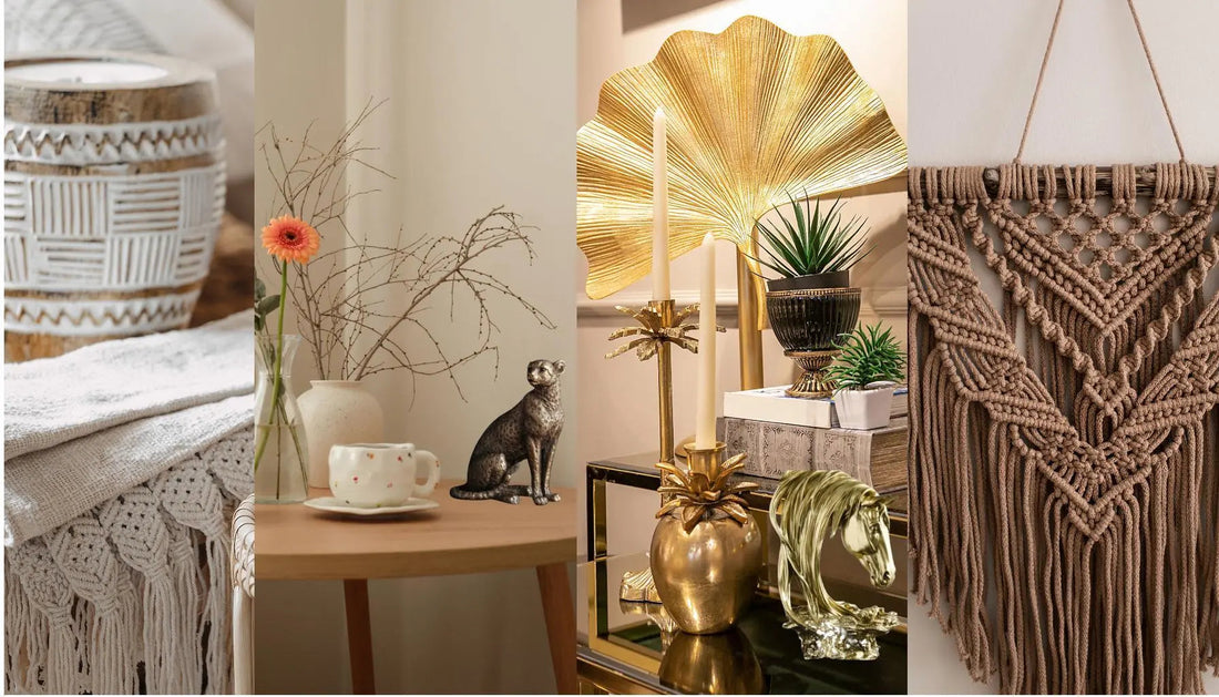 Boho and elegant interior decor featuring patterned textiles, dried flowers, gold candle holders, green plants, and macrame wall hanging