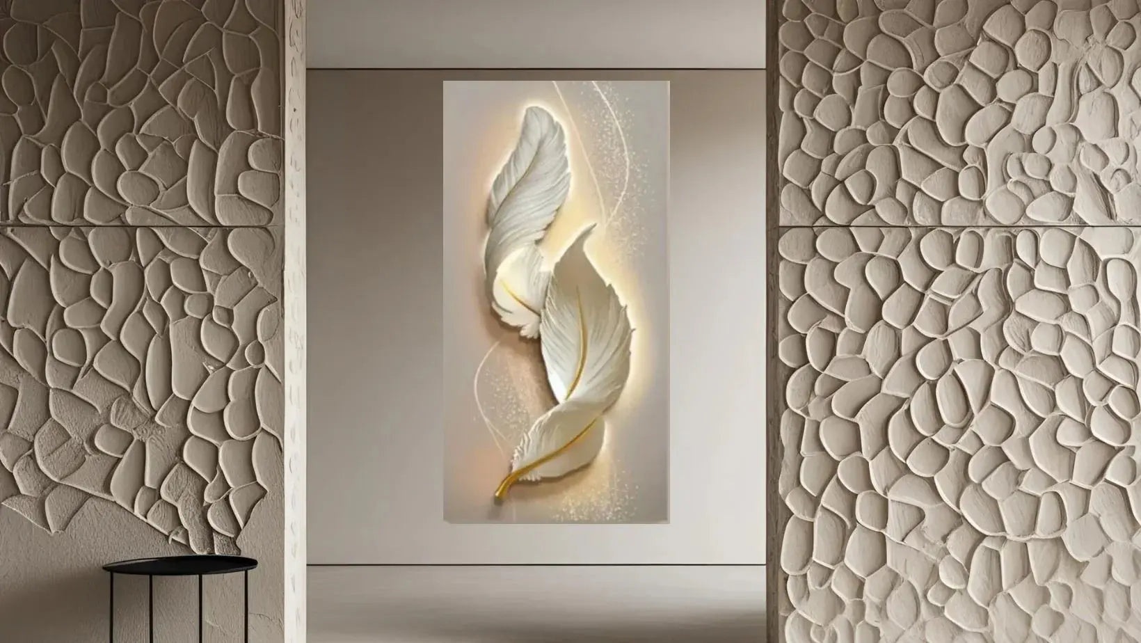 Modern living room with textured stone wall panels and illuminated feather sculpture art