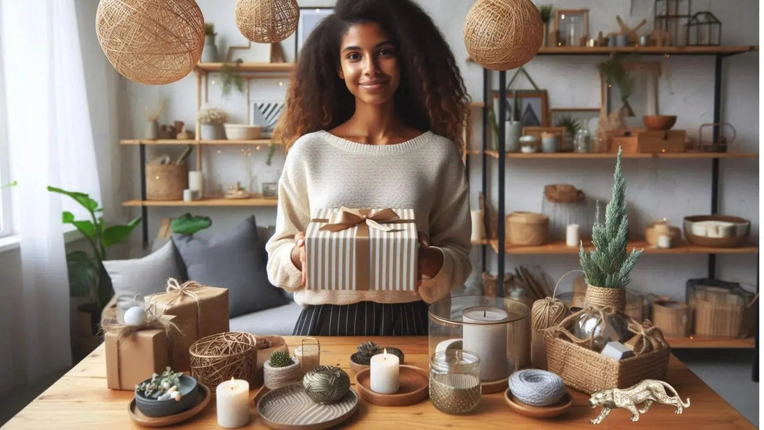 Smiling woman holding striped gift box in cozy room with candles, plants, and rustic decor