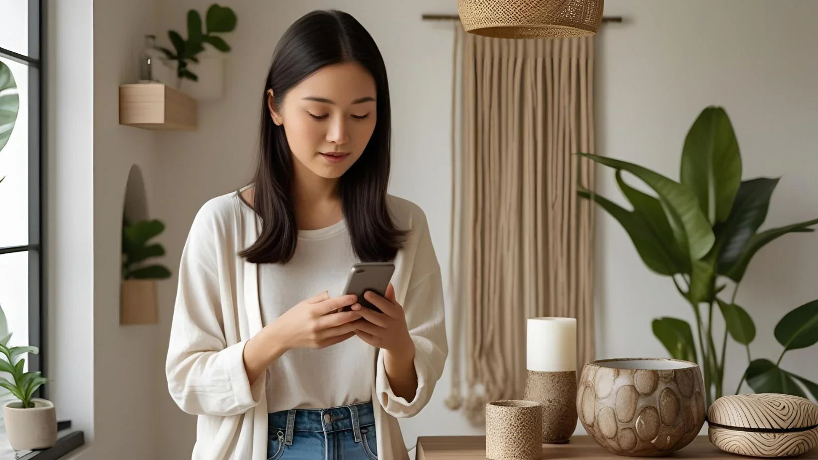 Woman using smartphone in stylish home with handcrafted decor, candles, plants, and wooden accents