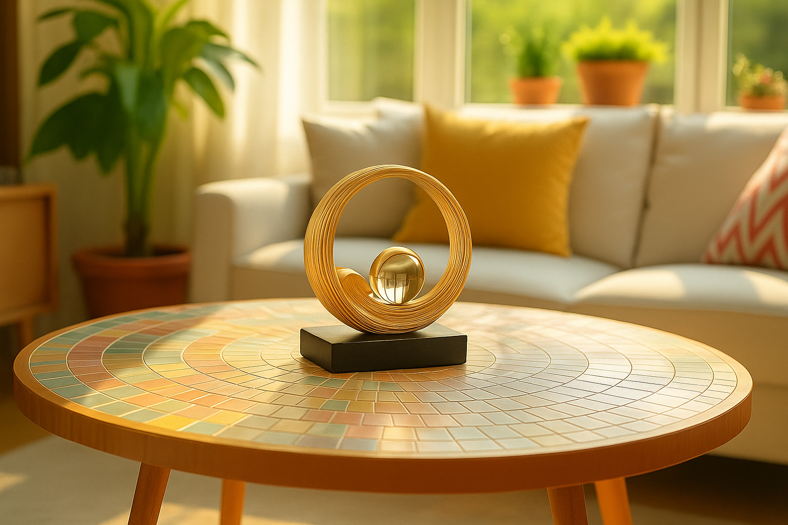 Artisanal wooden sculpture with a glass orb on a mosaic round coffee table in a cozy living room