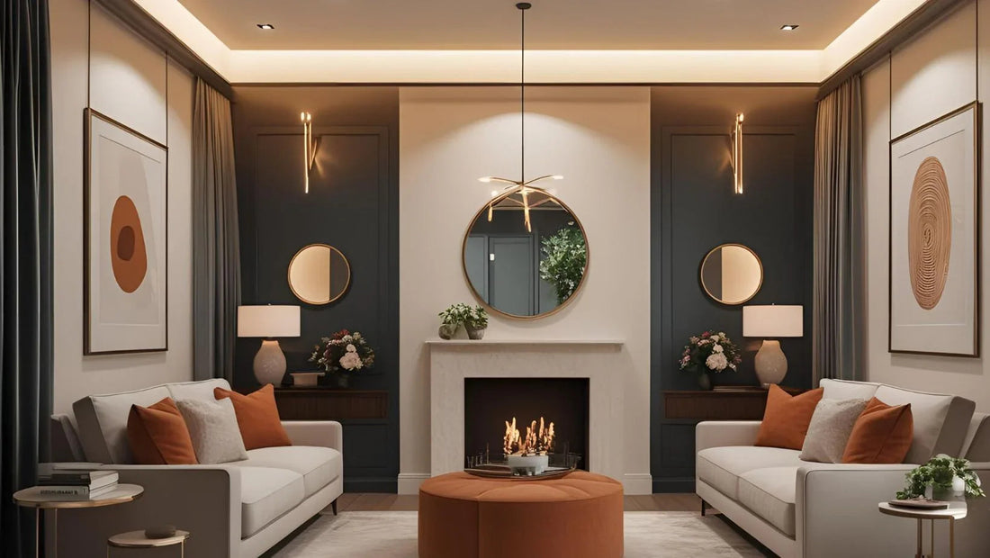Modern living room with symmetrical white sofas, rust cushions, round ottoman, fireplace, and abstract wall art