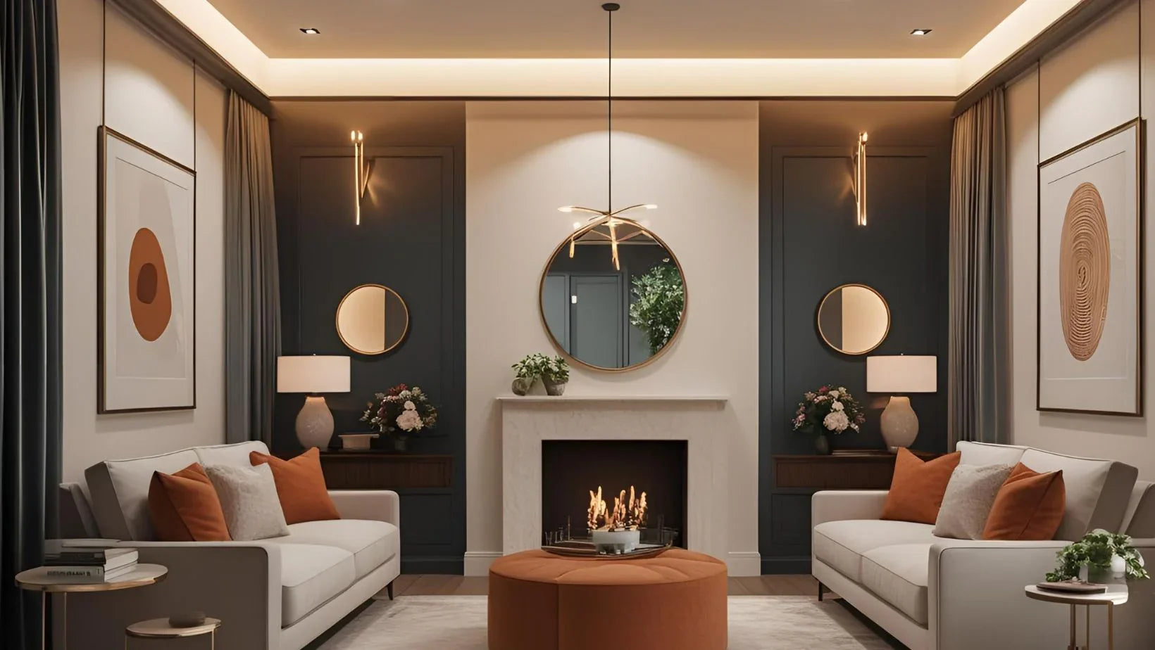 Modern living room with symmetrical white sofas, rust cushions, round ottoman, fireplace, and abstract wall art
