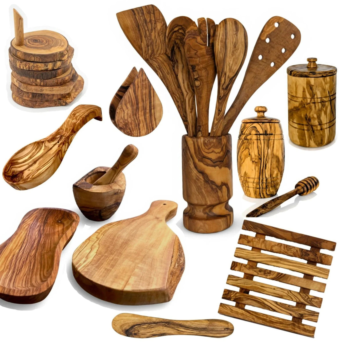 Mediterranean olive wood kitchen utensils, cutting board and bowls