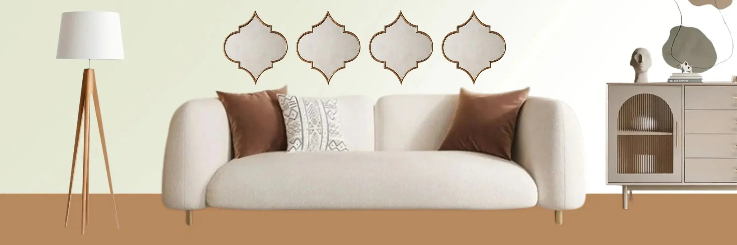 Modern living room with cream sofa, brown pillows, wooden floor lamp, patterned wall mirrors, and beige sideboard