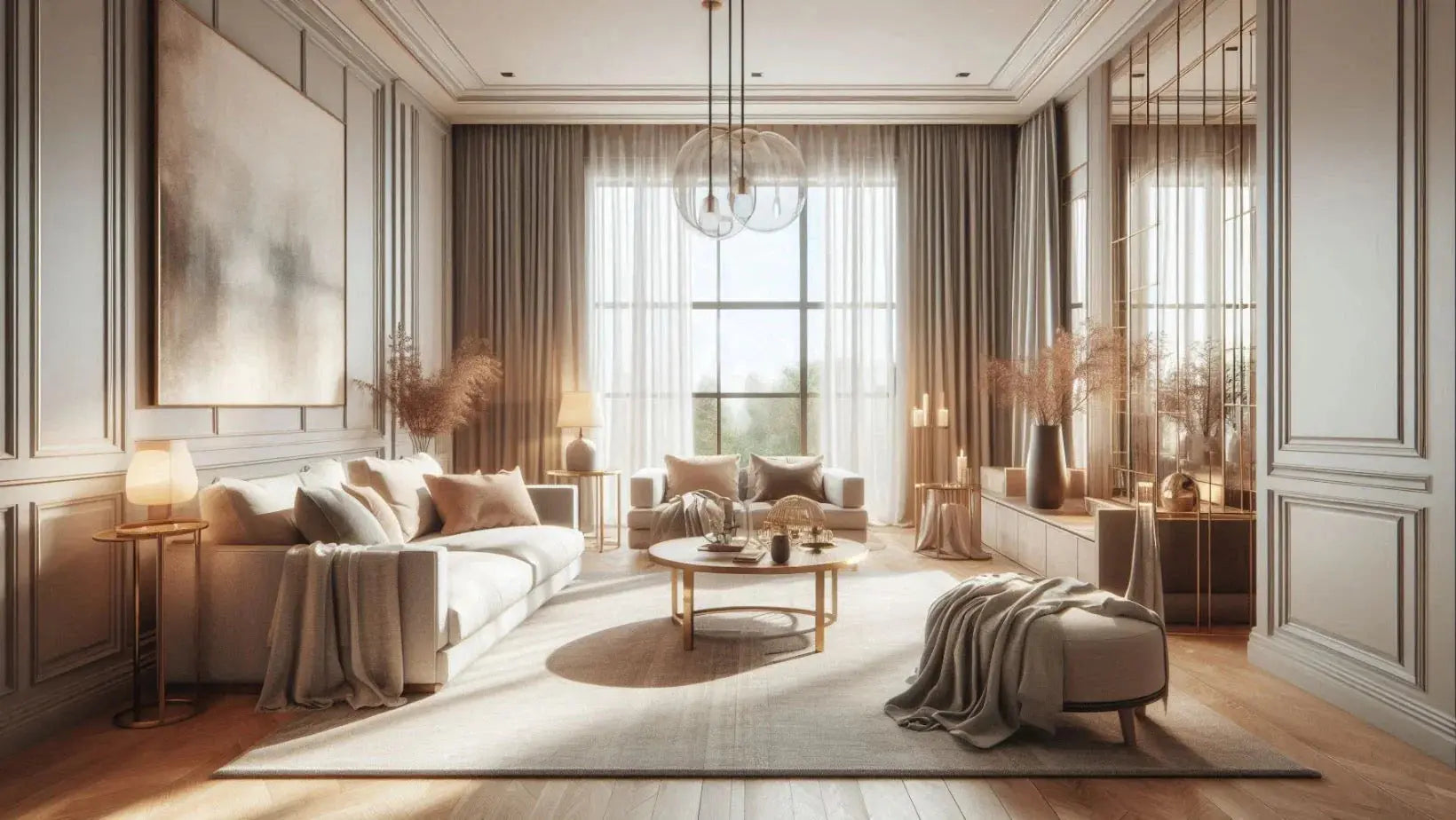 Elegant modern living room with beige sofa, armchair, round coffee table, large window, and ambient lighting