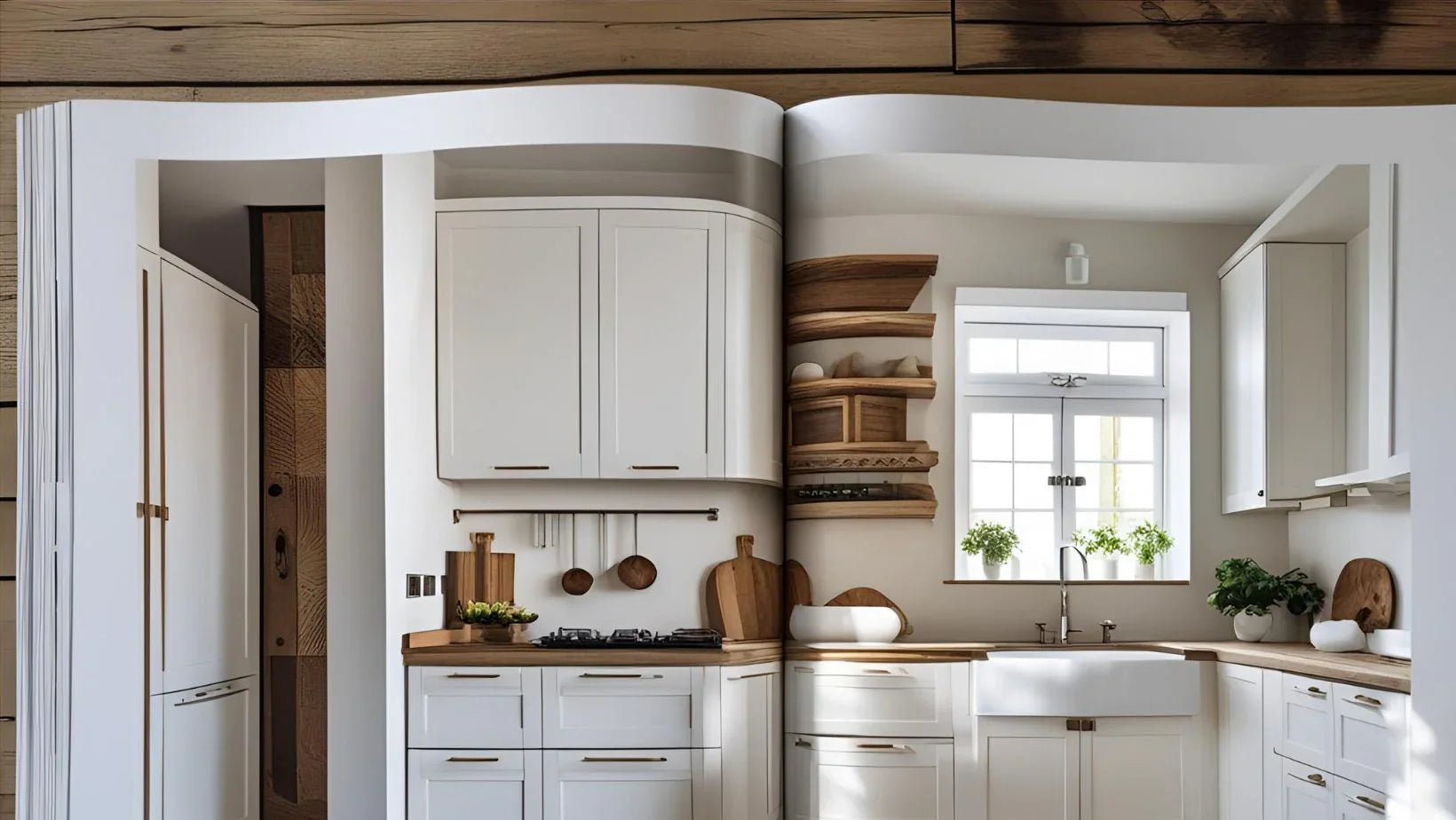 Bright modern kitchen with white cabinets, wooden countertops, farmhouse sink, and potted plants on windowsill
