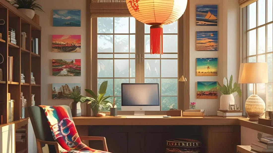 Cozy home office with wooden desk, colorful ocean paintings, plants, and soft natural light