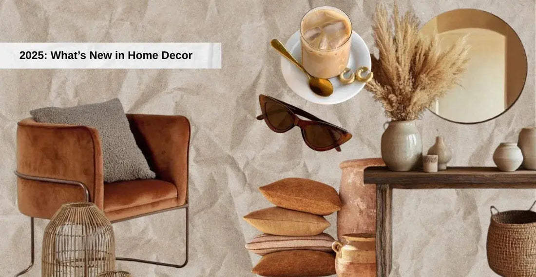 2025 home decor trends with rust-colored armchair, stacked cushions, dried pampas grass, rustic pottery, and iced coffee