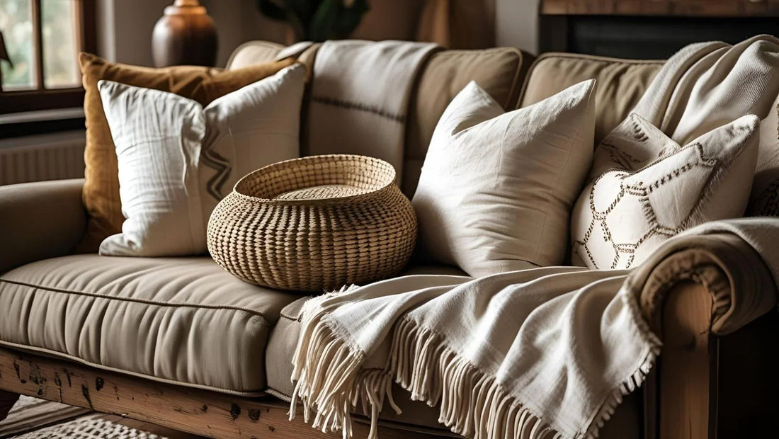 Cozy beige sofa with textured throw pillows, a woven basket, and a fringed white blanket in warm living room
