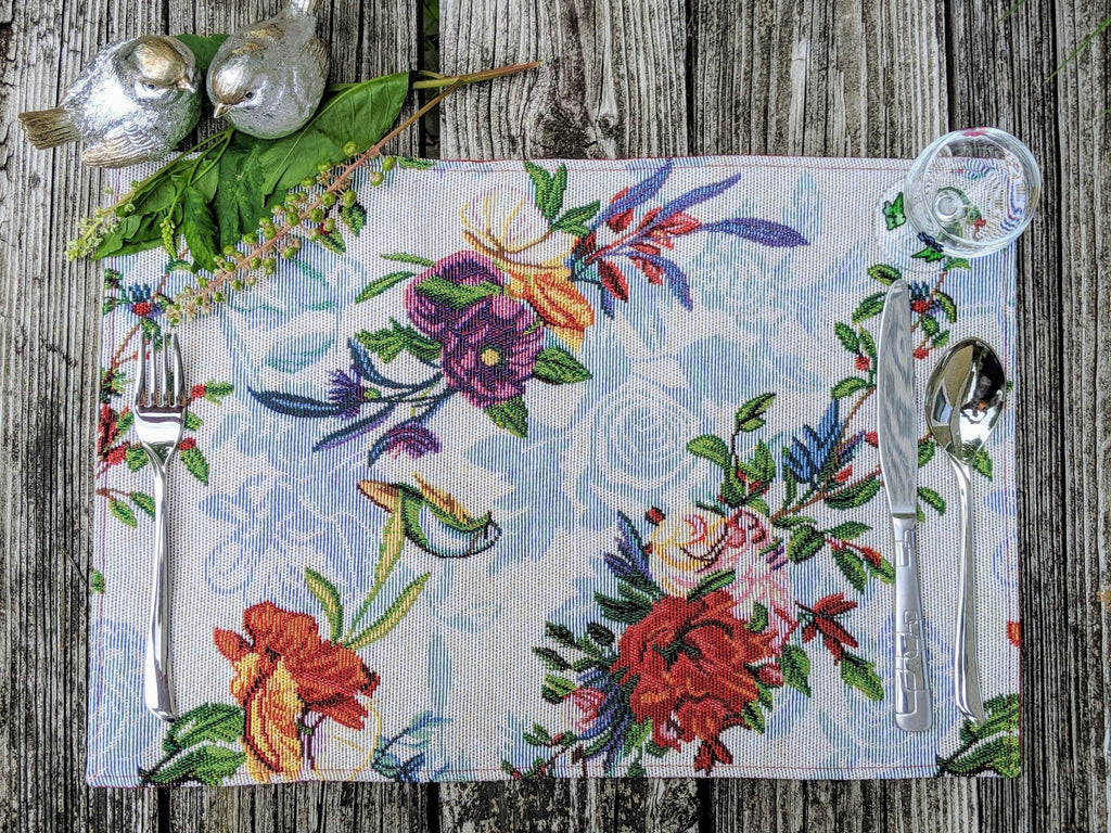 DaDa Bedding Set of 4-Pieces Tropical Sky Blue Birds Floral Tapestry Dining Table Placemats 13” x 19” (18116) DaDalogy Bedding Collection