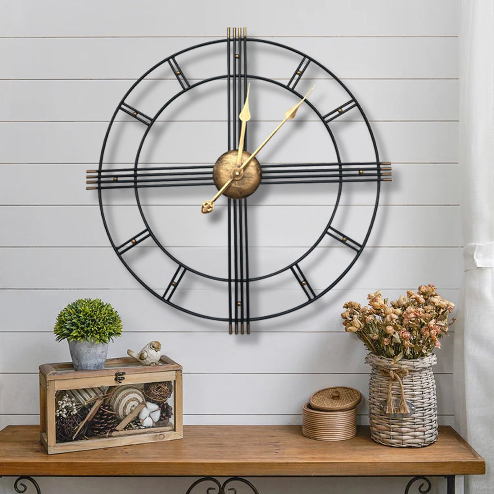 60cm Extra Large Metal Skeleton Wall Clock, European Retro Creative Wrought Iron Round Wall Clock Roman Numerals Silent Non Ticking Unique Unusual Clock, Outdoor Garden Clock, Perfect for Living Room, Bedroom, Kitchen, Garden House Of Avana