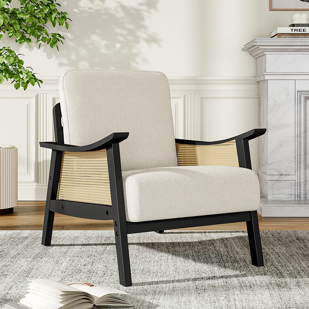 White Single Leisure Sofa, Rattan Decorative Armrest Upholstered Boucle Fabric Wingback Armchair with Padded Seat for Living Room Lounge Sofa Meeting Visitor Chair Cozy Chair for Bedroom Home Office House Of Avana