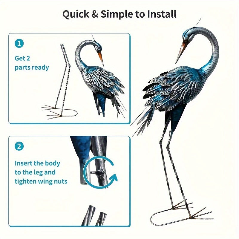 1pc Rustic Metal Garden Crane Statue Outdoor Decor, Standing Heron Sculpture Lawn Ornaments, Blue Bird Lake Yard Backyard Patio House of Avana