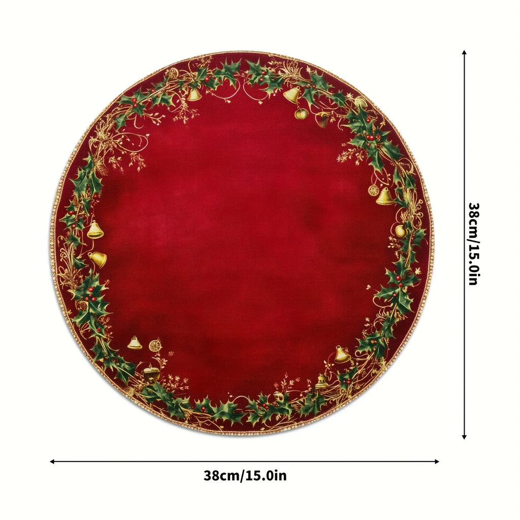 4pcs Red & Golden Round Placemats - Elegant Burgundy Golden Green Leaf Pattern Table Mats, Non-Toxic Durable Polyester 38.1 cm for Christmas Dinner Party, Wedding, Banquet, Holiday Table Decorations (Hand Wash Only), Christma House Of Avana