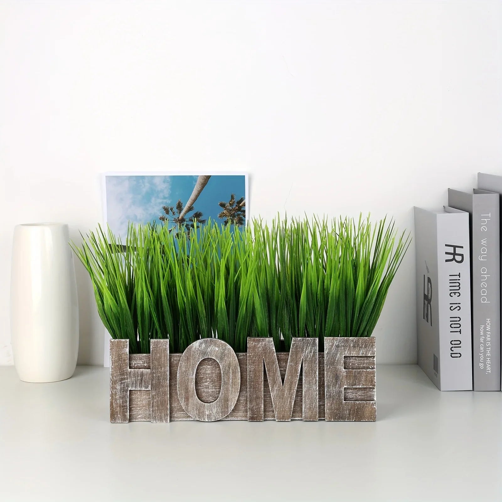 1pc Artificial Grass Plant in Rectangular Wood Planter Box - Realistic Fake Grass with Lush Green Foliage, Self-Supporting Faux Potted Plant with White Lettering Base, Durable Plastic Indoor/Outdoor Home Decor for Wedding, Di House Of Avana