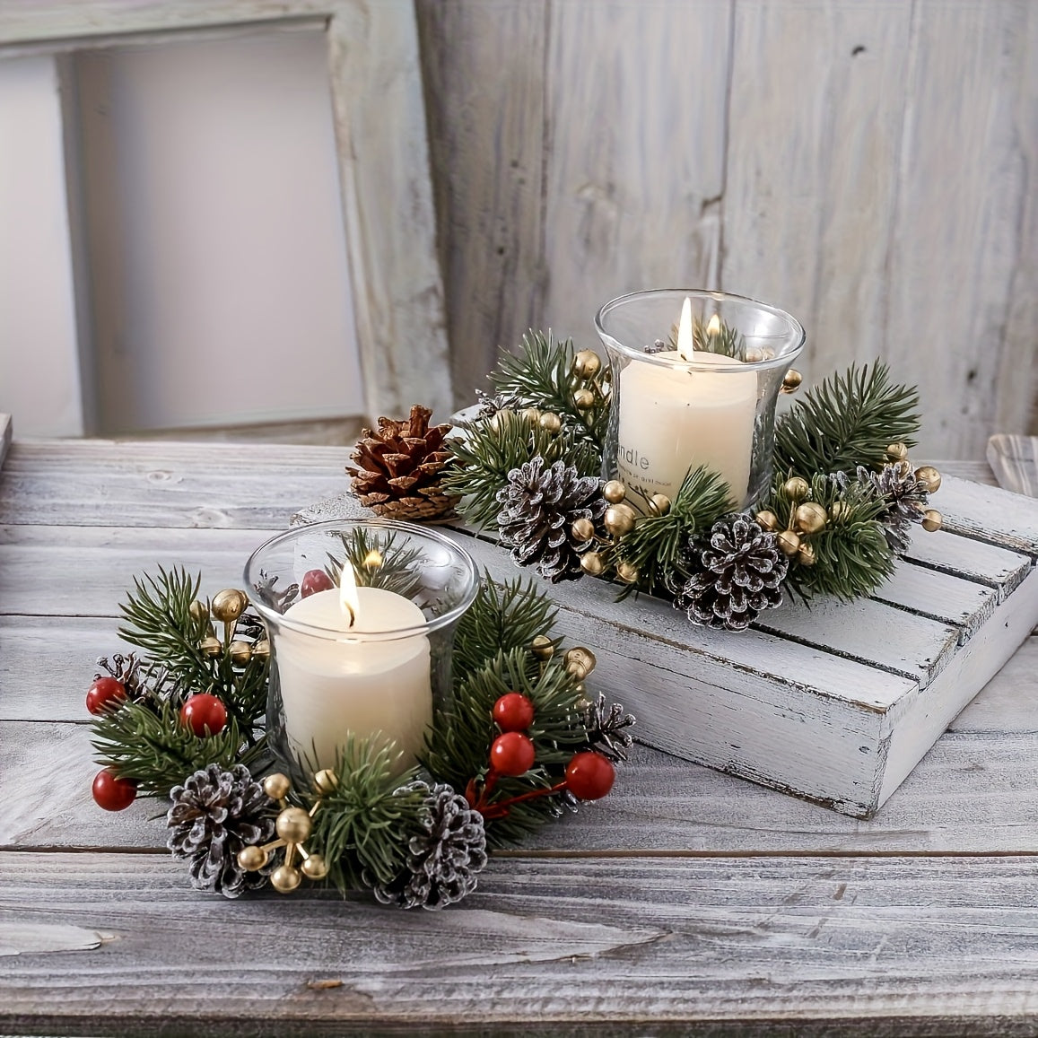 2pcs Festive Christmas Pine Cone Wreaths with Candle Holders - 20.07 cm Diameter, Durable Plastic Holiday Tabletop Decor for Home & Office, No Electricity Needed, Perfect for Christmas & Winter Celebrations, Christmas Decorat House Of Avana