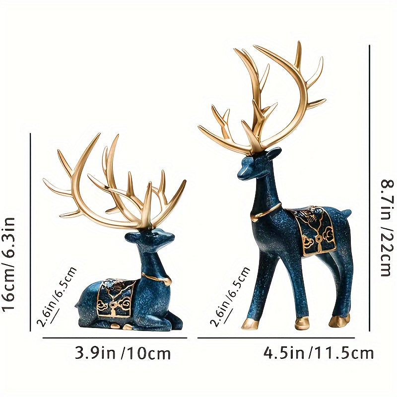 Resin Reindeer Statue Set - Elegant Antler Design with Golden-Tipped Tines & Dark Blue/Golden Collectible Holiday Decor for Christmas, Halloween, Easter, Thanksgiving - Indoor/Outdoor Durable Sculpture, No Electricity Needed, House Of Avana