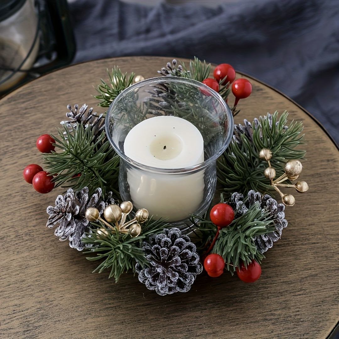 2pcs Festive Christmas Pine Cone Wreaths with Candle Holders - 20.07 cm Diameter, Durable Plastic Holiday Tabletop Decor for Home & Office, No Electricity Needed, Perfect for Christmas & Winter Celebrations, Christmas Decorat House Of Avana