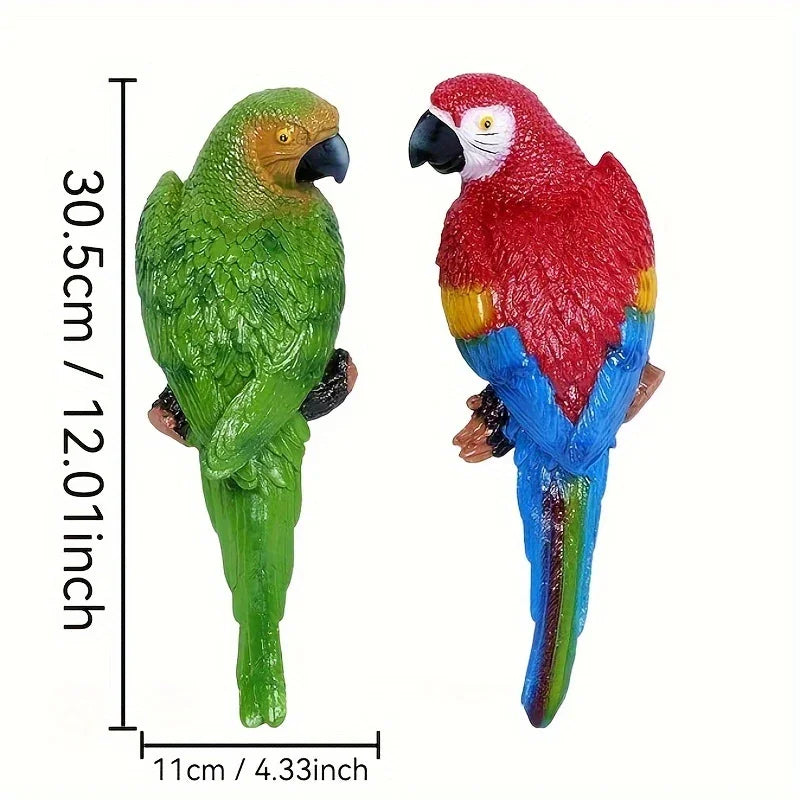 2pcs Art Deco Resin Parrot Sculptures - 12-Inch Lifelike Macaw Statues, Vibrant Green & Red Tropical Bird Wall Decor for Garden, Lawn, Tree, Outdoor Wedding Decoration, Wall-Mounted No Battery Needed, Garden Art | Detailed Fe House Of Avana