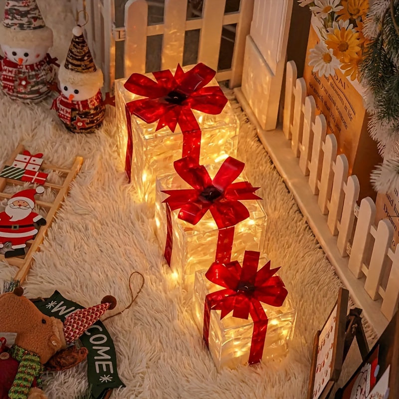 Three Sets Of Christmas Luminous And Exquisite Decorative Lights, Detachable Gift Box And Lighting Fixture (battery/USB Dual-purpose) Christmas Decorations, Red Bow Gift Boxes for Indoor, Living Room, Courtyard And Valentine' House Of Avana