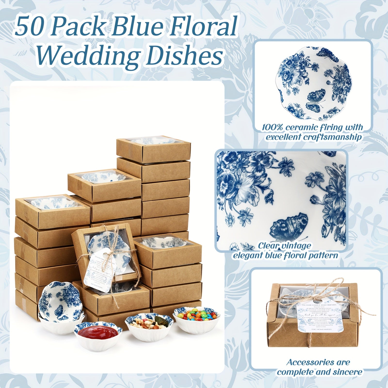 Blue 50 Pack Wedding Favors for Guests Small Ceramic Bowls Bulk Gifts Set 3.3 Inch Floral Design Mini Dipping Bowl Sauce Dish with Cards Box for Party Shower Favor Souvenir Halloween Christmas House Of Avana