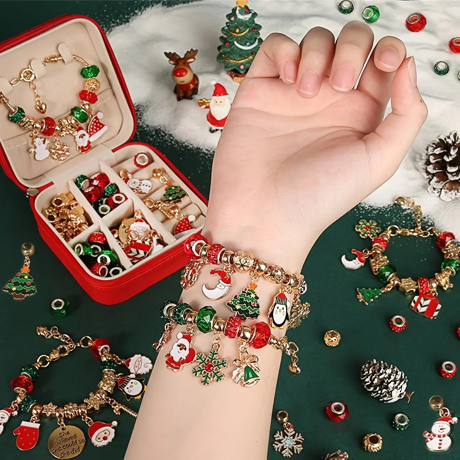 [Christmas Jewelry Kit] Christmas DIY Bracelet Making Kit | Elegant Red Green Charm Beads Jewelry Craft Gift House Of Avana