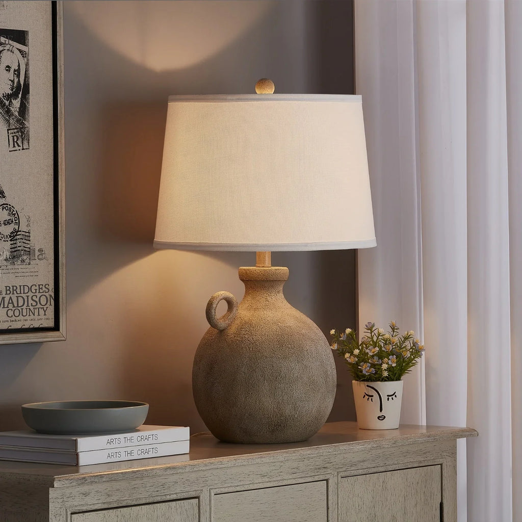 24" Farmhouse Table Lamp For Bedroom With USB Charging Port, 3-Way Dimmable Rustic Single Lamp, Resin Bedside Lamp With White Shade For Study, Living Room House Of Avana