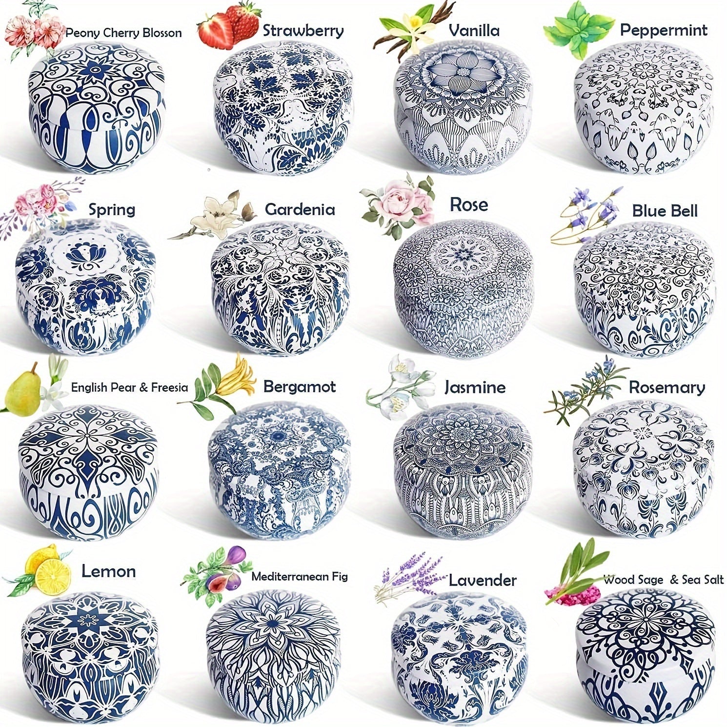 16pcs Blue And White Porcelain Scented Candle Smokeless, No Drip, Elegant Romantic Candle, Suitable For Family, Swimming Pool, Sabbath, Wedding, Church, Also Very Suitable For Halloween, Thanksgiving, Valentine'S Day And So O House Of Avana