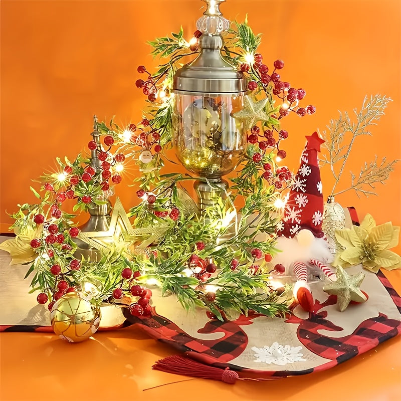 [Christmas Lights] Christmas Garland With LED Lights, PVC Festive Berry Decoration, Battery Operated, New Year, Office, Room, Wedding, Home Wall Decor, Christmas Decor, Christmas Home Decor, Battery Operated Lights, Festive H House Of Avana