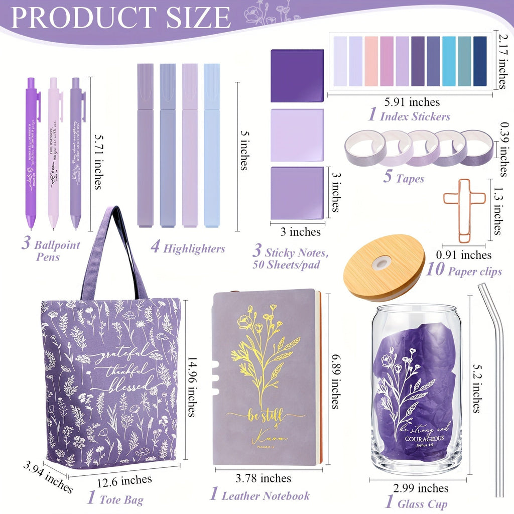 29pcs Bible Journaling Kit 16oz Glass Cup Canvas Bag Leather Notebook Highlighters And Pens Sticky Note Tapes Gift Bible Study Supplies for Teacher Women Men Party Packs (Boho, Purple) House Of Avana