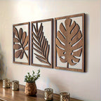 2D Flat, Set of 3 Rustic Flat Wall Sculptures - Wooden Turtleback Bamboo Palm Leaves Wall Hanging Decoration, Rectangular Wall Decor Wooden Crafts - Vintage Home Decor Large Leaf Wall Arts for Living Room, Bedroom, and Office House Of Avana