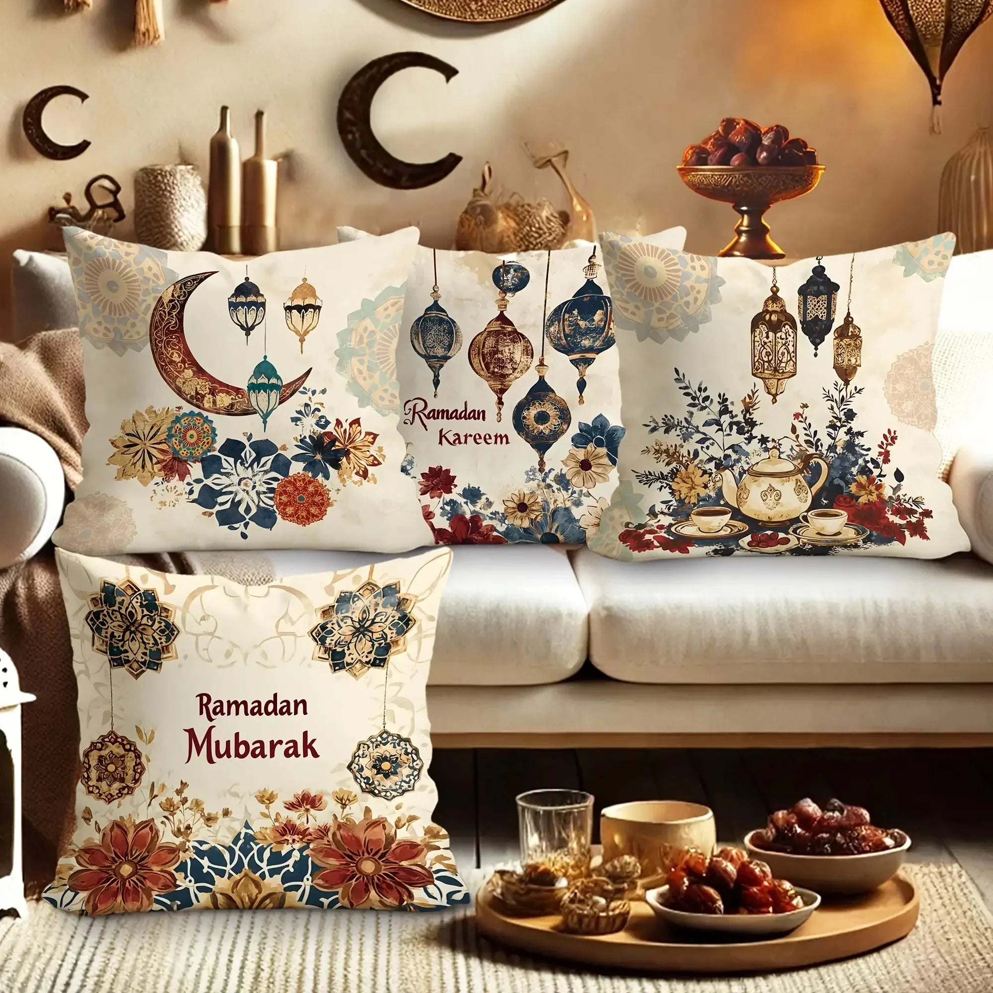 Fabric Pillow Covers - Traditional Ramadan Red/Blue/Golden