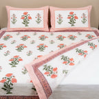 White & Coral Green Floral Sanganeri hand block print cotton bedsheet set | Jaipur Indian hand block print bedsheet with pillow shams | House of Avana