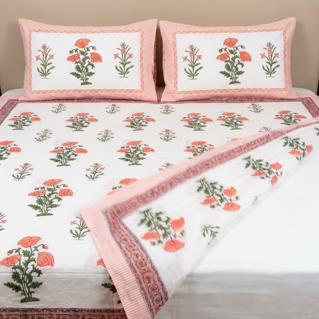 White & Coral Green Floral Sanganeri hand block print cotton bedsheet set | Jaipur Indian hand block print bedsheet with pillow shams | House of Avana