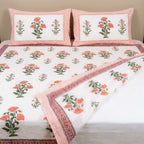 White & Coral Green Floral Sanganeri hand block print cotton bedsheet set | Jaipur Indian hand block print bedsheet with pillow shams | House of Avana [[SKU:HOA-IND-BS-COGN-011]]