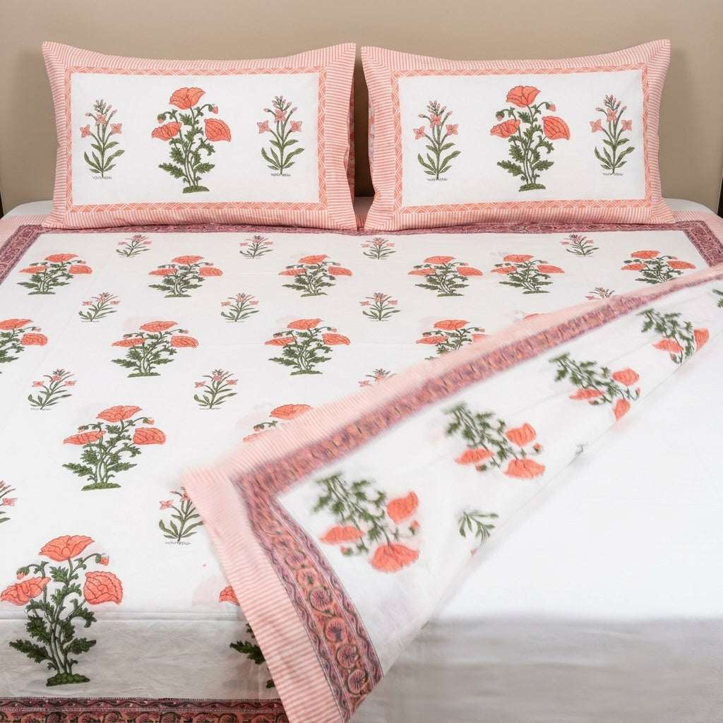 White & Coral Green Floral Sanganeri hand block print cotton bedsheet set | Jaipur Indian hand block print bedsheet with pillow shams | House of Avana [[SKU:HOA-IND-BS-COGN-011]]