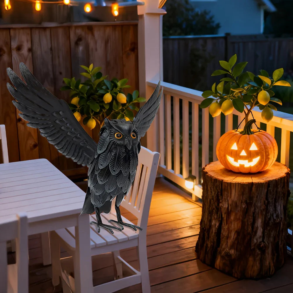 1 Black Metal Owl Statue, Standing Winged Owl Outdoor Garden Decor, Lawn Yard Porch Holiday Decor, Halloween Decor House Of Avana