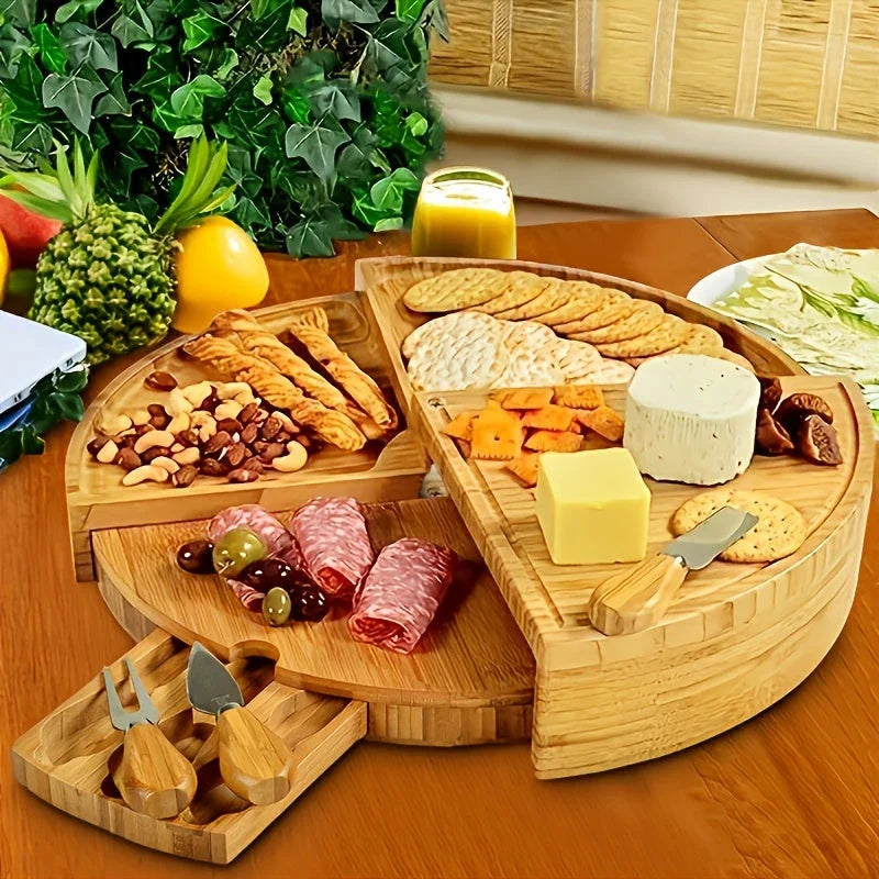 1 Set Bamboo Cheese Board with Serving Knives - Multipurpose Snack and Charcuterie Platter, Food-Safe and Durable, Ideal for Fruits, Nuts, and Appetizers, ZGO House Of Avana